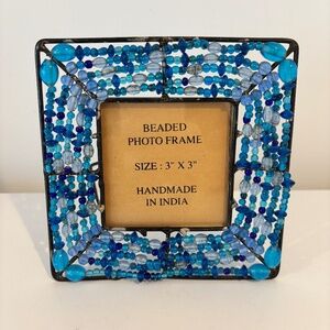 PIER 1Imports vintage beaded picture frame metal & blue beaded photo frame 3"x3"